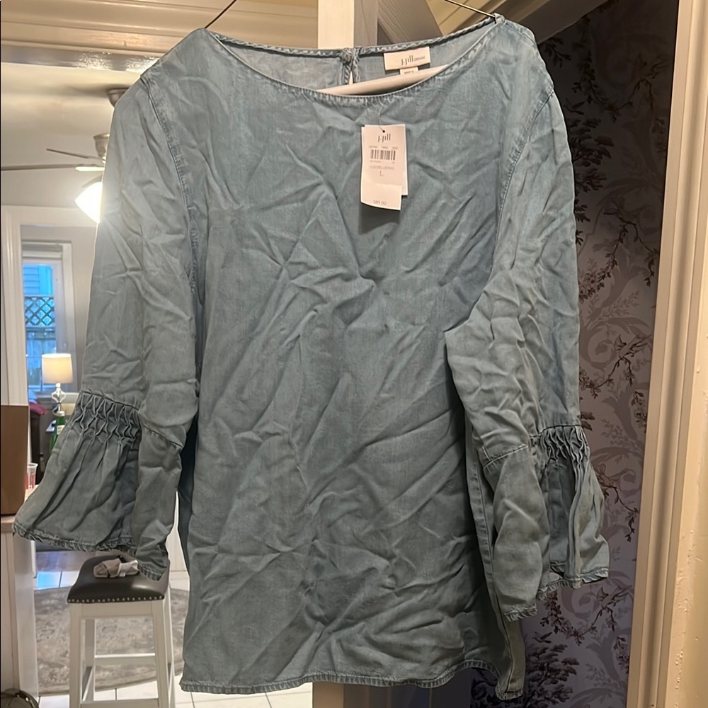 J. Jill Blue Smocked Bell Sleeve Blouse